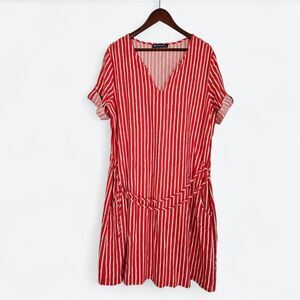 Navigazione German Linen Blend Red Striped Short Sleeve Belted Shift Dress 42/12